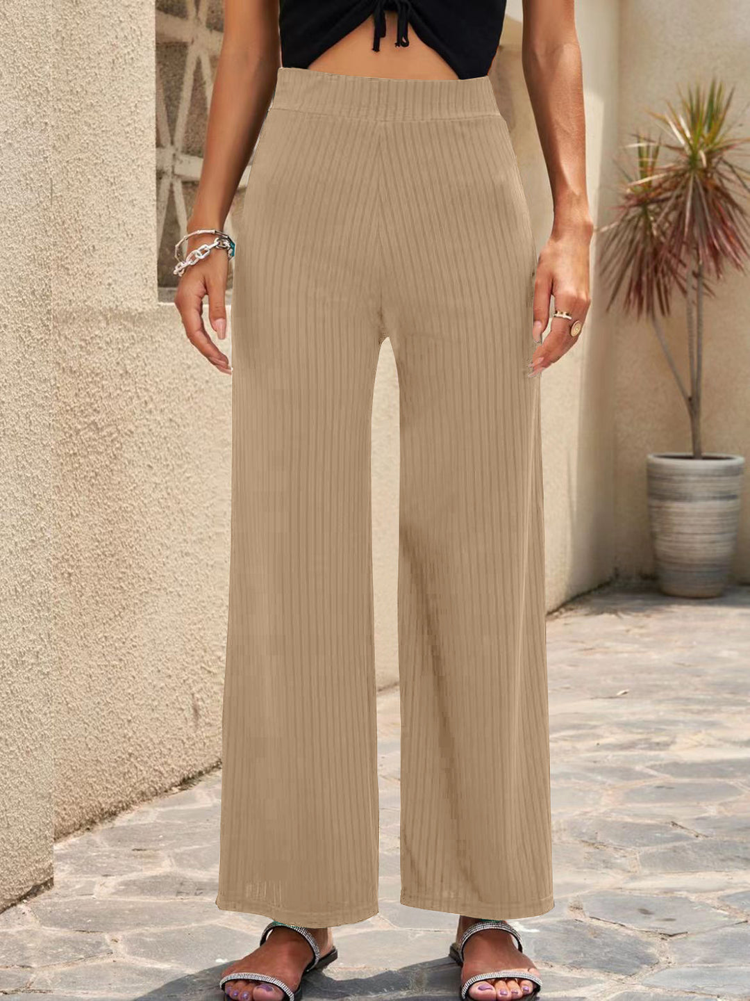 Damen Weite, gestreifte Plisseehose mit hohem Bund und elastischem Taillenbund EB
