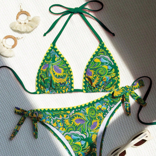 Damen Triangel-Bikini mit buntem Print und verstellbaren Trägern EB