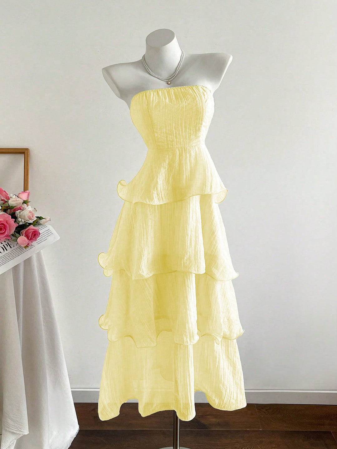 Damen langes Strandkleid mit voluminösen Rüschendetails EB