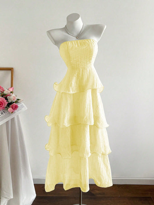 Damen langes Strandkleid mit voluminösen Rüschendetails EB