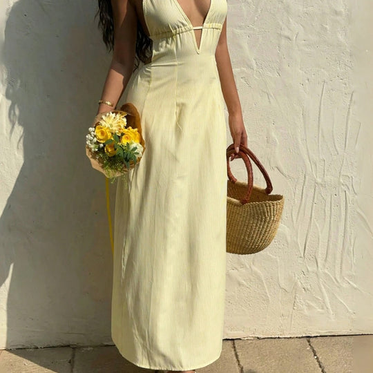 Damen Maxikleid mit tiefem V-Ausschnitt und raffiniertem Streifenmuster EB
