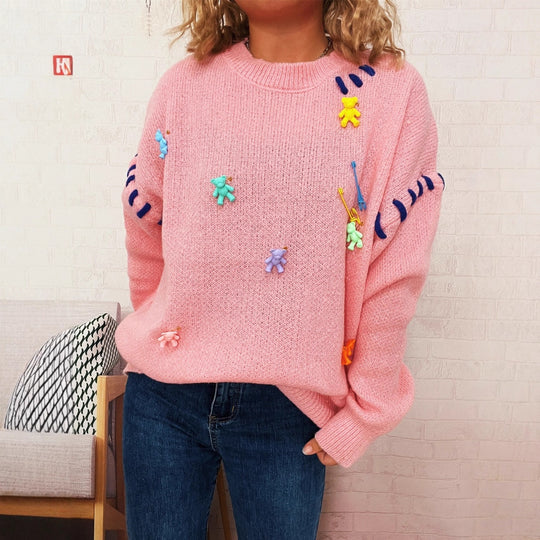 Damen Pullover mit verspieltem Bären-Motiv und dekorativen Applikationen EB