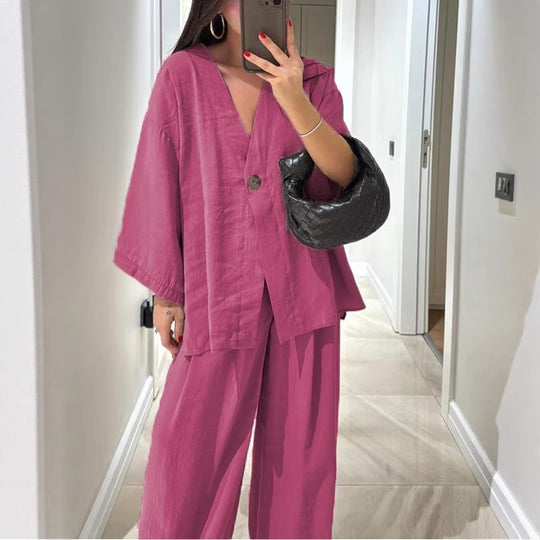 Damen nan entspanntes Zweiteiler-Leinenensemble mit kimonoartiger Oversize-Jacke und weiter Palazzohose EB