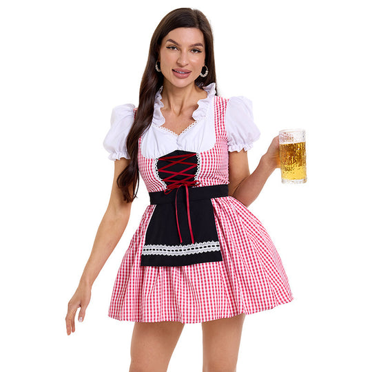 Damen nan kurzes kariertes Trachten Dirndl mit Schnürung Puffärmel und Schürze EB