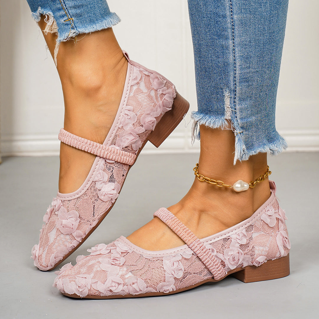 Damen Ballerinas mit zarter Spitzenapplikation und romantischen Blumenmotiven EB