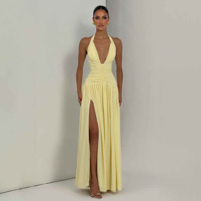 Damen Maxikleid mit tiefem V-Ausschnitt und seitlichem Schlitz EB
