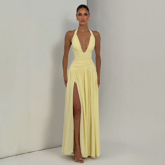 Damen Maxikleid mit tiefem V-Ausschnitt und seitlichem Schlitz EB
