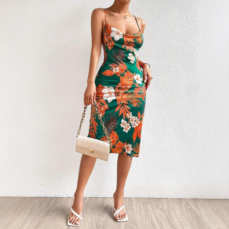 Damen Midi-Kleid mit floralem Design und verstellbarem Rückenschnürung EB