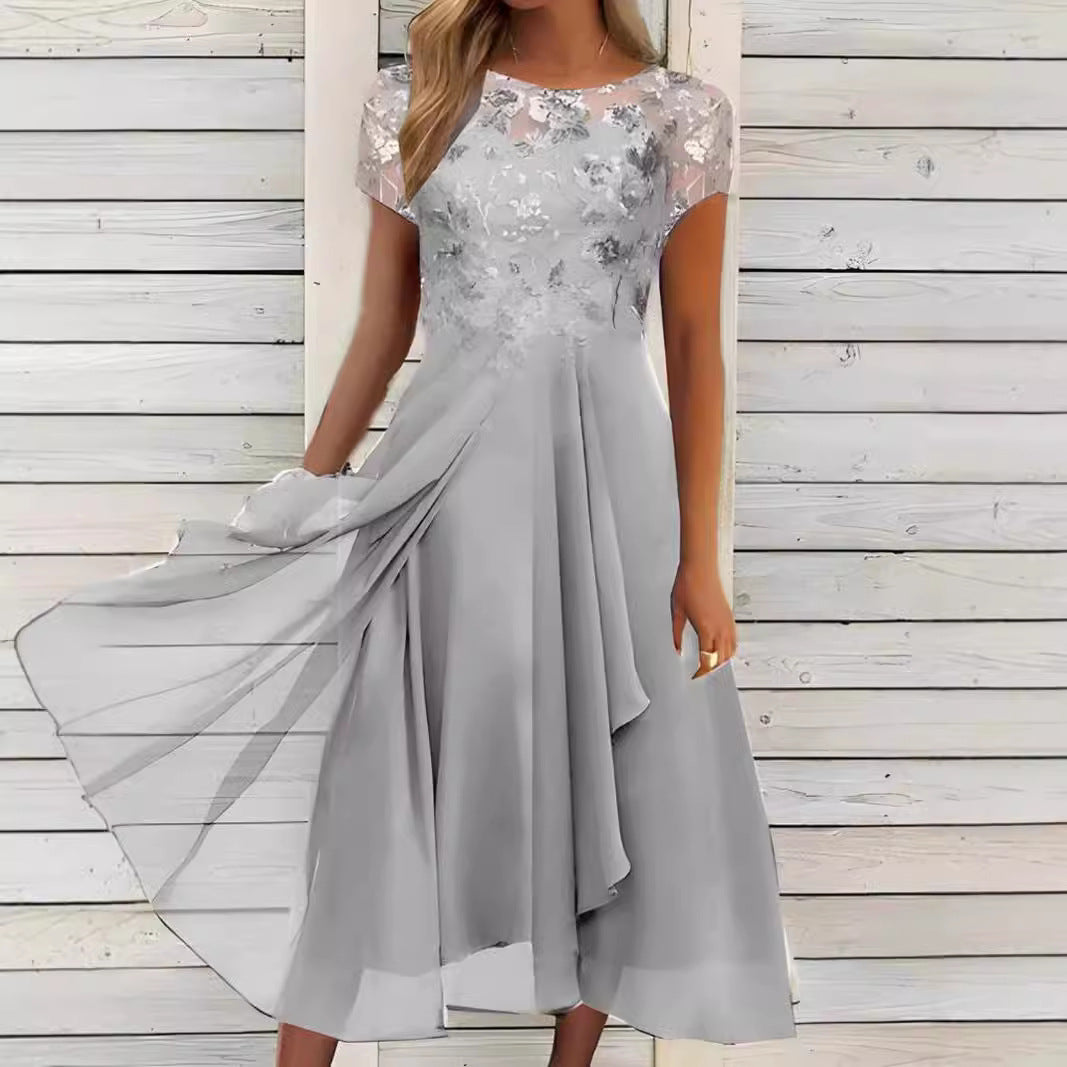 Damen nan fließendes Chiffon-Midikleid mit blumenbesticktem Oberteil und asymmetrischem Stufenrock EB
