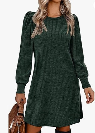 Damen nan gestricktes A-Linien Strickkleid mit Puffärmeln EB