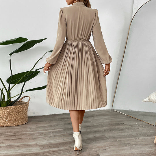 Damen Plissiertes Midikleid mit Schleifenkragen, tailliertem Gummibund und langen Ballonärmeln EB