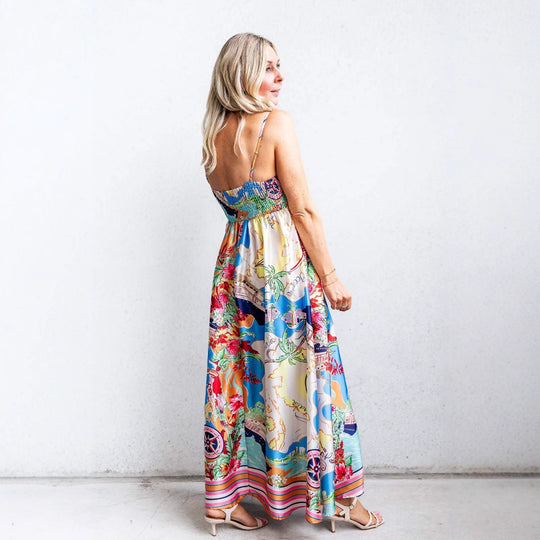 Damen Sommerliches Maxikleid mit auffälligem Grafikdesign und Spaghettiträgern EB