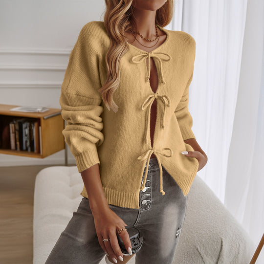 Damen nan lässiger Strickpullover mit dreifacher Binderei, offener Schlitzfront und gerippten Bündchen EB