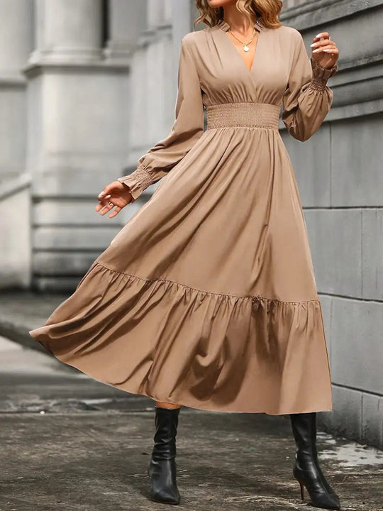 Damen Maxikleid mit elegantem V-Ausschnitt und voluminösen Ärmeln EB