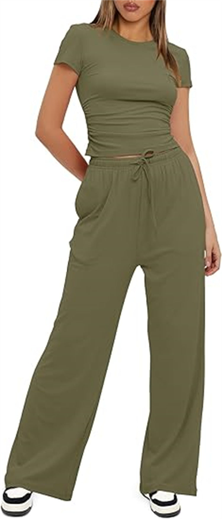 Damen lässiger Zweiteiler mit cropped Oberteil und weitem Beinkleid EB