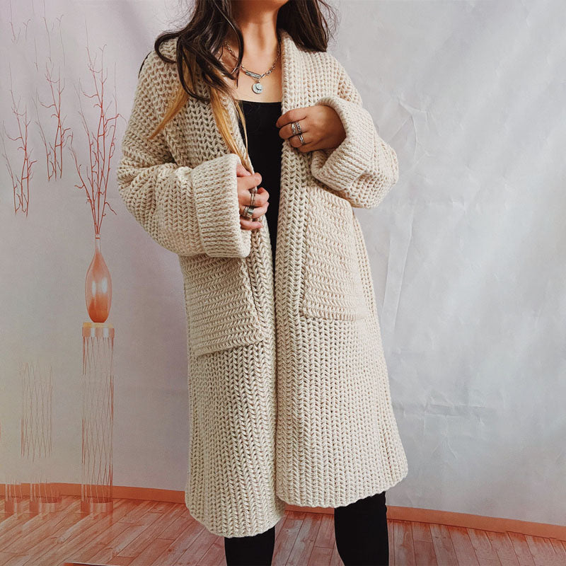EB | Lange Strickjacke mit Taschen Chunky Strick Weiche und Lässige Silhouette