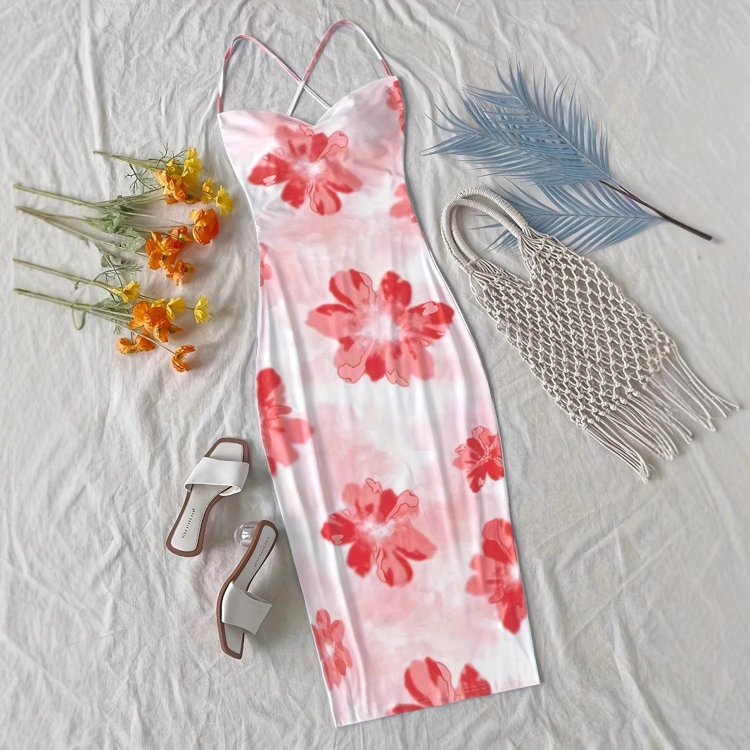 Damen figurbetontes Maxikleid mit attraktiven Spaghettiträgern und floralen Mustern EB