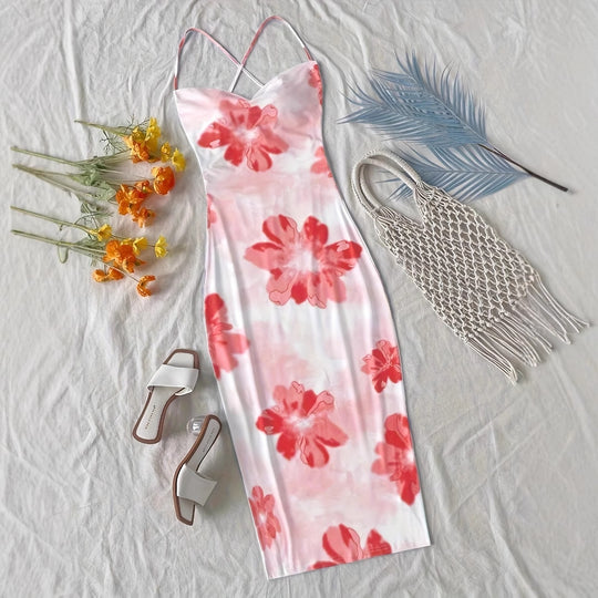 Damen figurbetontes Maxikleid mit attraktiven Spaghettiträgern und floralen Mustern EB