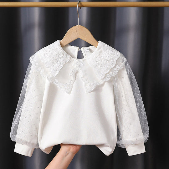 Mädchen modische Bluse mit eleganten Tüllärmeln und kunstvoller Spitzenverzierung EB