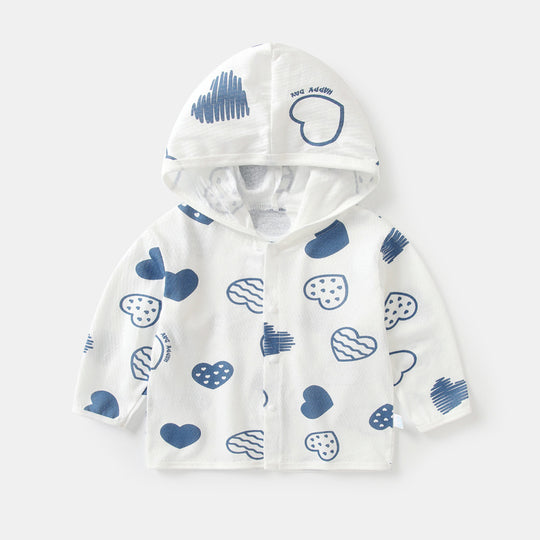 Unisex nan leichte Kapuzenjacke aus Baumwolle für Babys mit ganzflächigem Herzdruck und Druckknopfverschluss EB