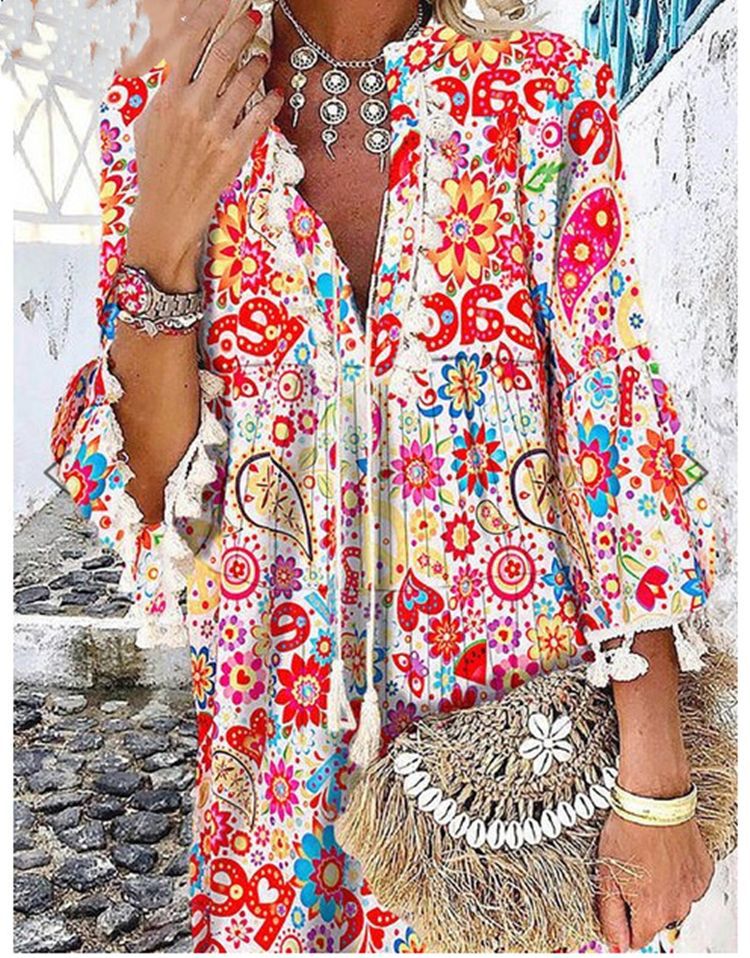 Damen Tunika-Kleid mit kreativem Print und Taschendetails EB