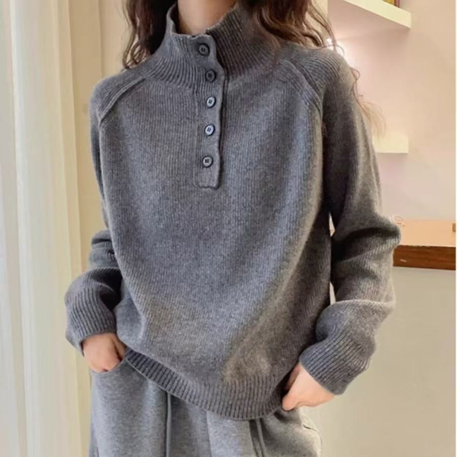 Damen Strickpullover mit Stehkragen und Knopfdetails EB