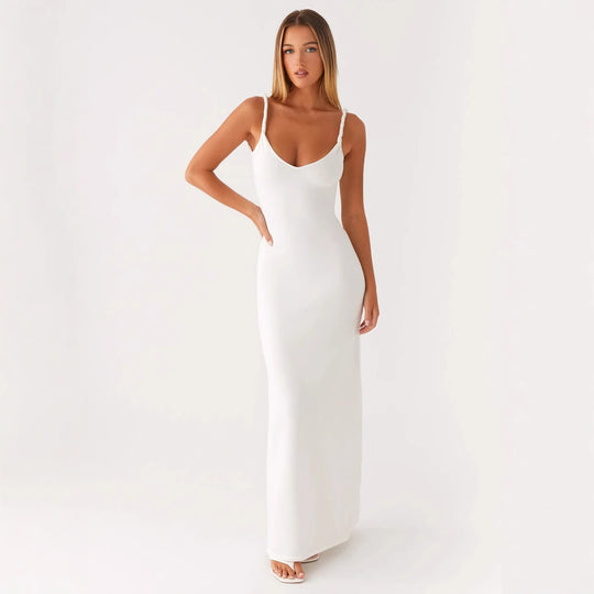 Damen Elegantes Maxirockkleid mit tiefem V-Ausschnitt und feinen Trägern EB