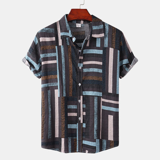 Herren Kurzarmhemd mit kreativem Patchwork-Muster und lockerer Passform EB