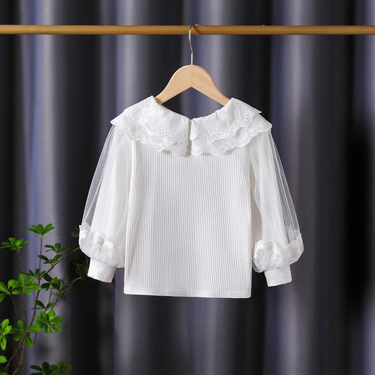 Mädchen modische Bluse mit elegantem Spitzenkragen und Tüllärmeln EB