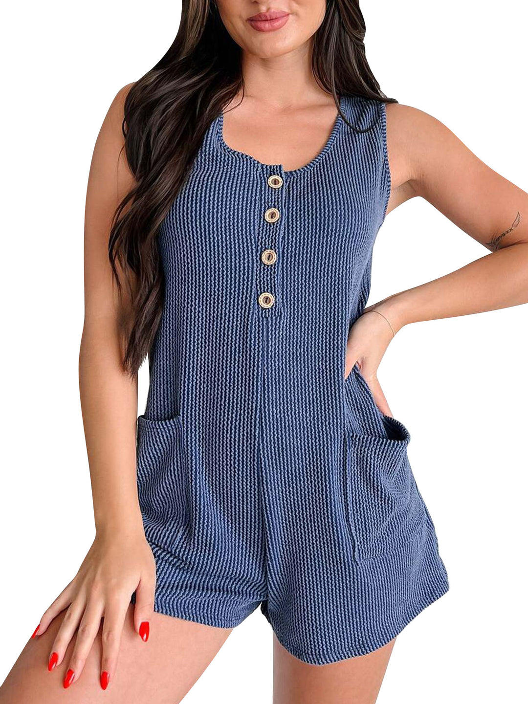 Damen Jumpsuit mit strukturiertem Muster und dekorativen Knöpfen EB