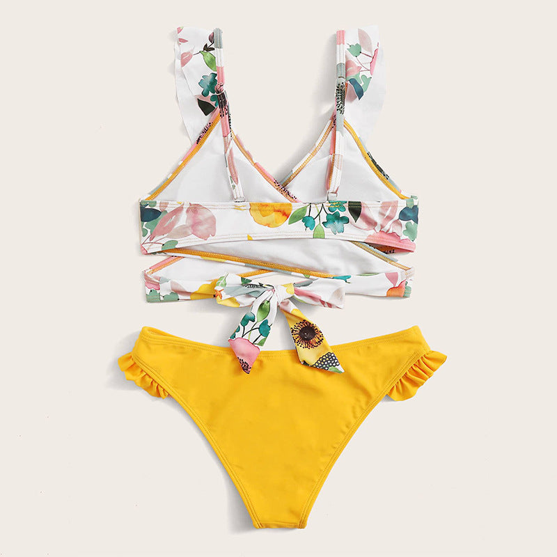 Damen Zweiteiliges Blumen-Bikini-Set mit tailliertem Oberteil und Rüschenslip EB