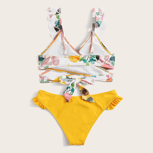 Damen Zweiteiliges Blumen-Bikini-Set mit tailliertem Oberteil und Rüschenslip EB