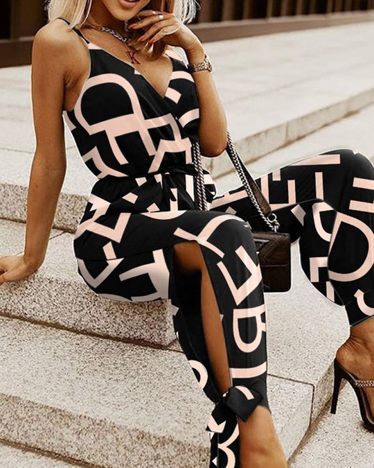 Damen Modischer Jumpsuit mit tiefem V-Ausschnitt und elegantem Druck EB
