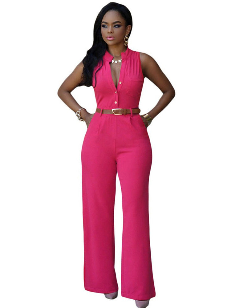 Damen Eleganter Jumpsuit mit Gürtel und Knopfdetail EB