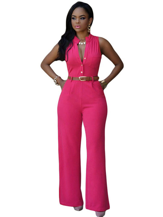 Damen Eleganter Jumpsuit mit Gürtel und Knopfdetail EB