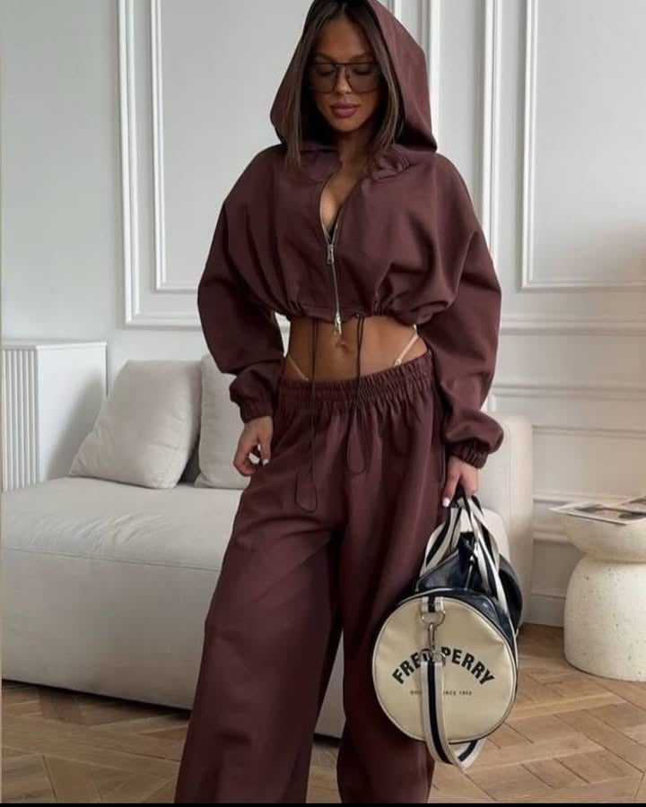 Damen nan kurzes Reißverschluss-Cropped-Hoodie und weitgeschnittene Highwaist-Loungehose Set EB