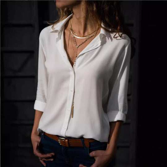 Damen nan lässige Viskose-Chiffon Bluse mit V-Ausschnitt und Umschlagärmeln EB