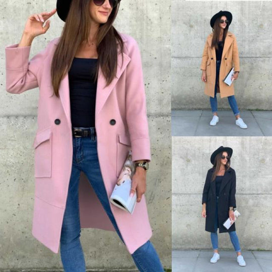 Damen Modischer Longblazer mit tiefem Revers und praktischen Taschen EB