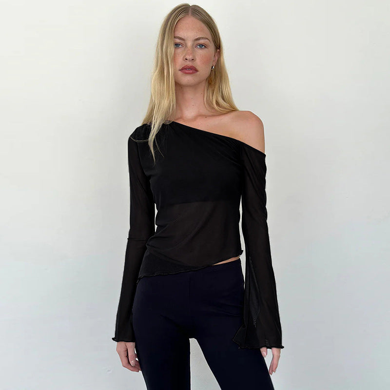 Damen asymmetrisches Langarmshirt mit transparenten Ärmeln und figurbetonter Silhouette EB