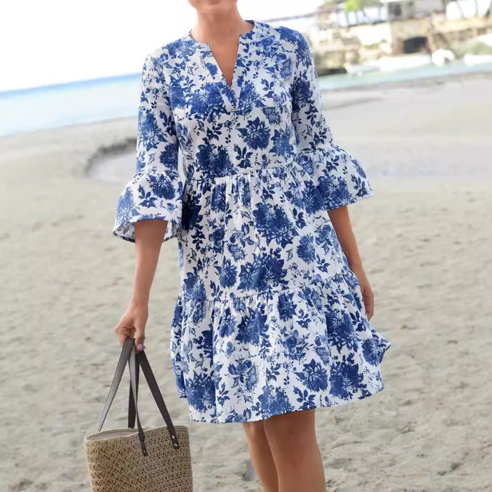 Damen Blumenkleid mit voluminösen Ärmeln und eleganter Passform EB