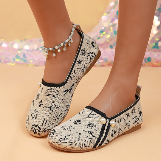Damen Ballerinas mit modischem Ethno-Muster und dekorativen Perlen EB