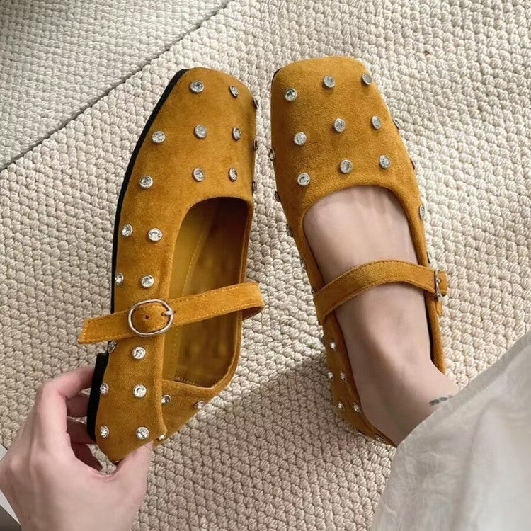 Damen elegante Ballerinas mit modischem Riemchen und glänzenden Strass-Applikationen EB