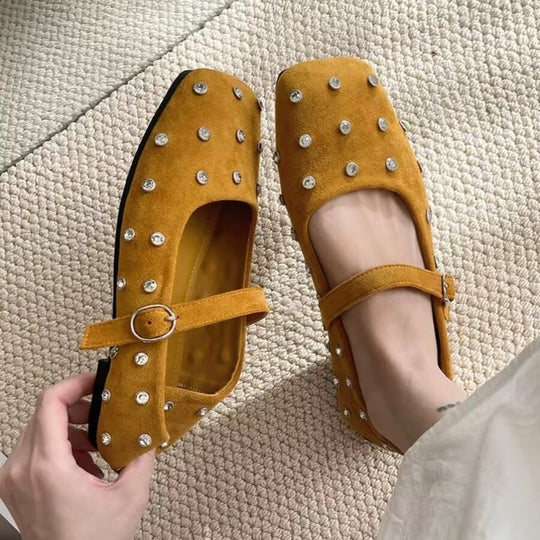 Damen elegante Ballerinas mit modischem Riemchen und glänzenden Strass-Applikationen EB