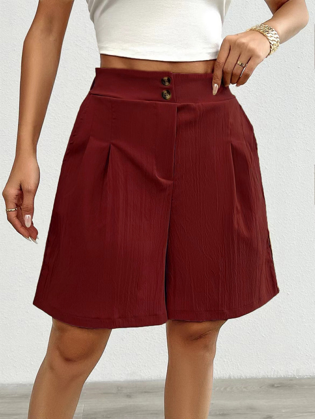 Damen Hochtaillierte Shorts mit doppeltem Knopfverschluss und Falten EB