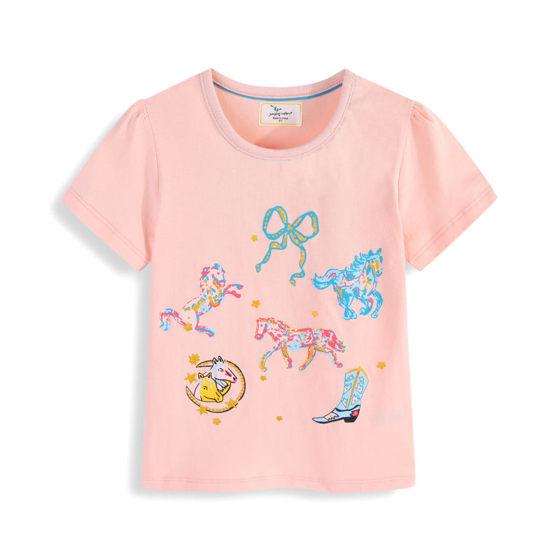 Mädchen T-Shirt mit buntem Pferdedruck EB