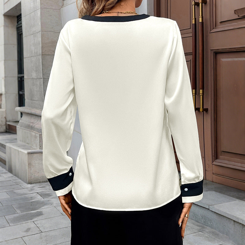 Damen Elegante Seidenoptik-Bluse mit kontrastiertem V-Ausschnitt und Perlenknopfleiste EB