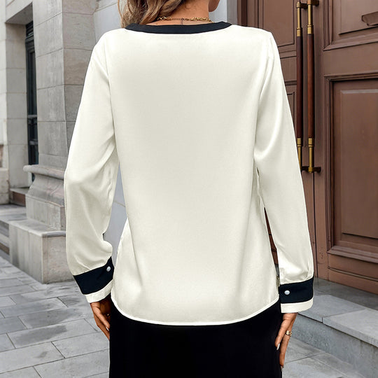 Damen Elegante Seidenoptik-Bluse mit kontrastiertem V-Ausschnitt und Perlenknopfleiste EB