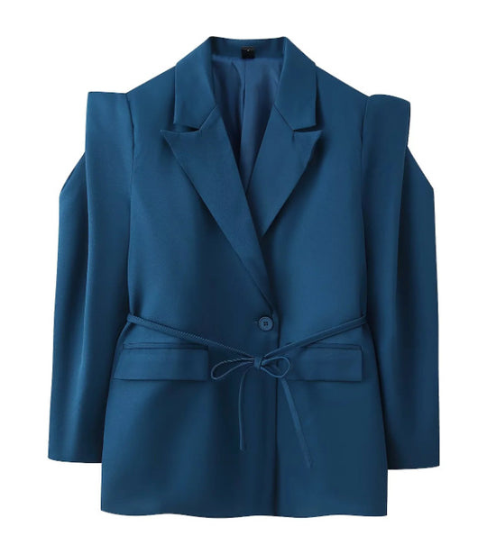 Damen nan taillierter Blazer mit Bindegürtel, Reverskragen und Schulterpolstern EB