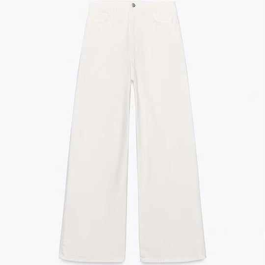 Damen luftige und strukturierte Bluse mit Balloonärmeln und weiten Jeans EB