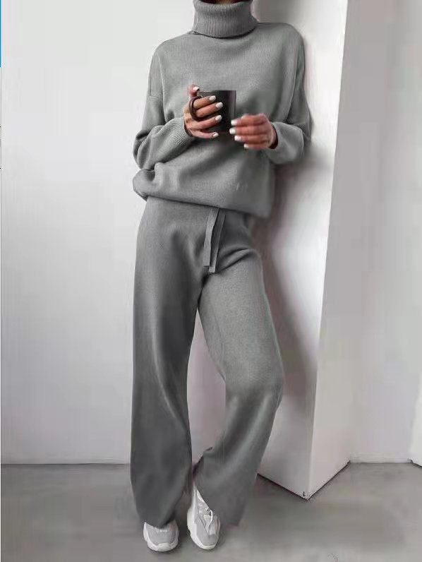 Damen kuscheliges Strick-Loungewear-Set mit weiten Hosen und elegantem Rundhalsausschnitt EB